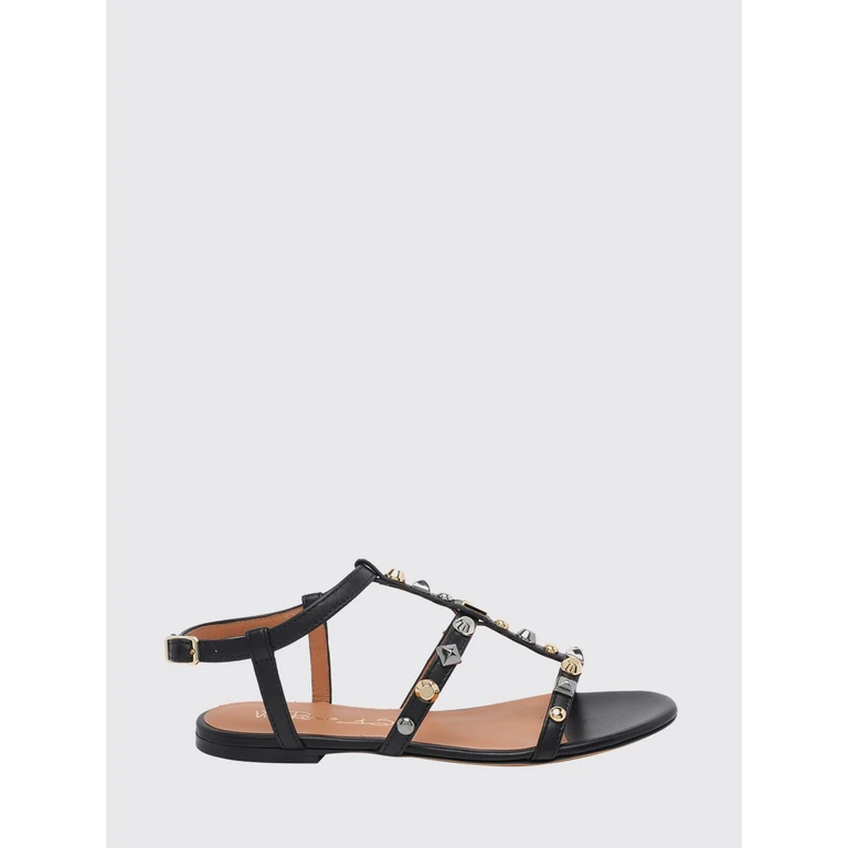 Flat T-Strap Smooth Calfskin Leather Sandals with Stud Application (4640NERO)
