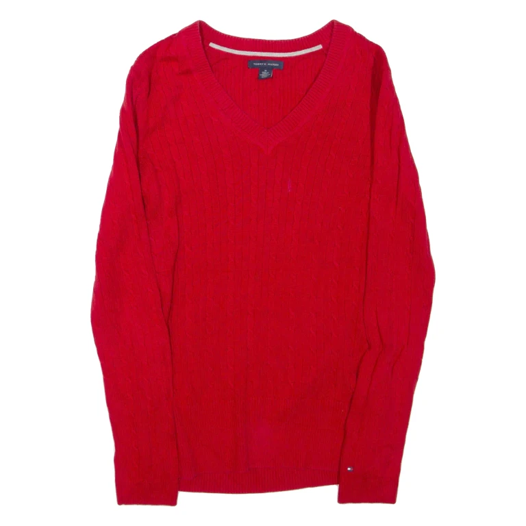 TOMMY HILFIGER Womens Jumper Red V-Neck Cable Knit M
