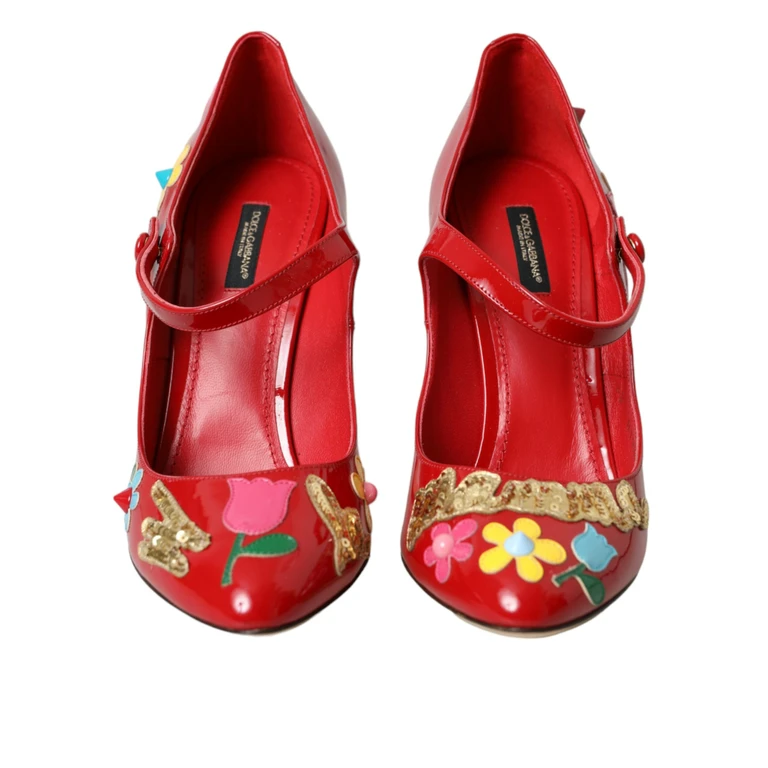 Dolce & Gabbana Red Leather Embellished Mary Jane Pumps Heels Shoes - Women