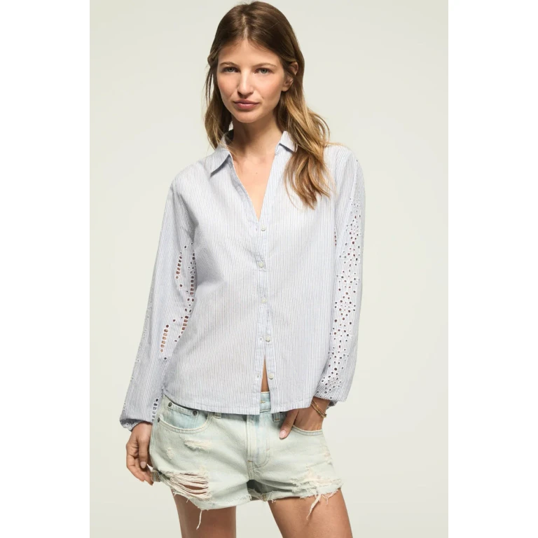 Women's Cutwork Long Sleeve Button Down - Blue Stripe