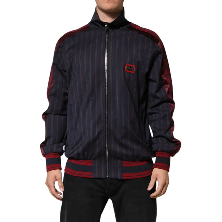 Dolce & Gabbana Blue Red Striped Logo Plaque Full Zip Jacket Virgin Wool Clothing - Men