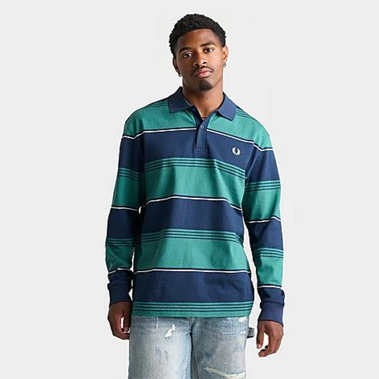 Men's Heavyweight Striped Long-Sleeve Polo Shirt in Tennis Blue Size: Small
