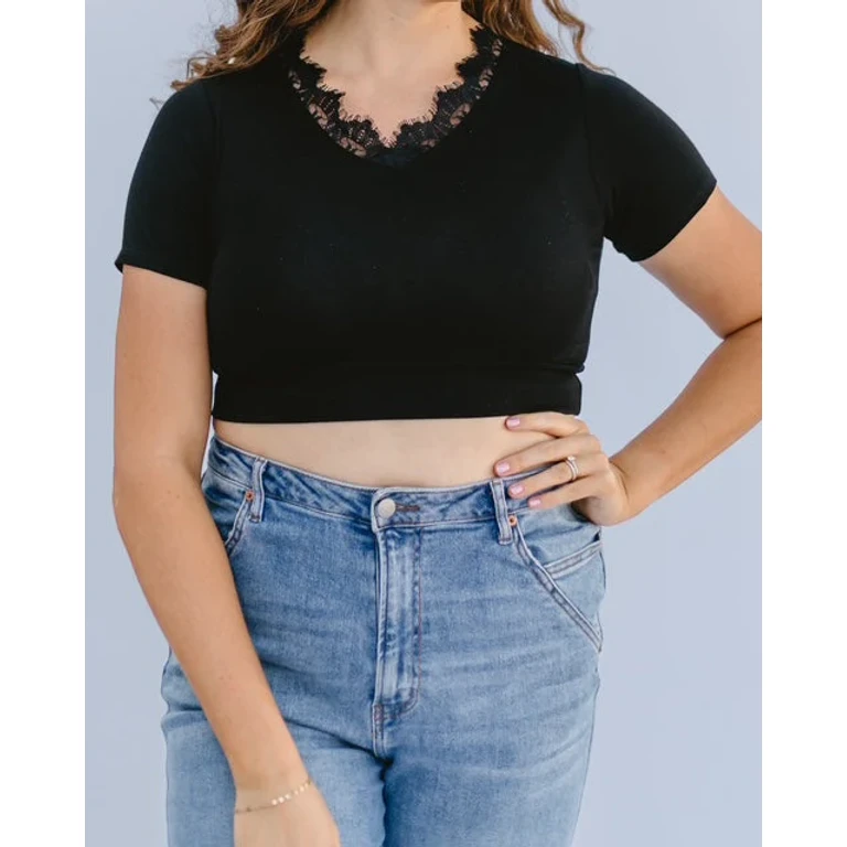 Lace Trimmed V-neck Halftee
