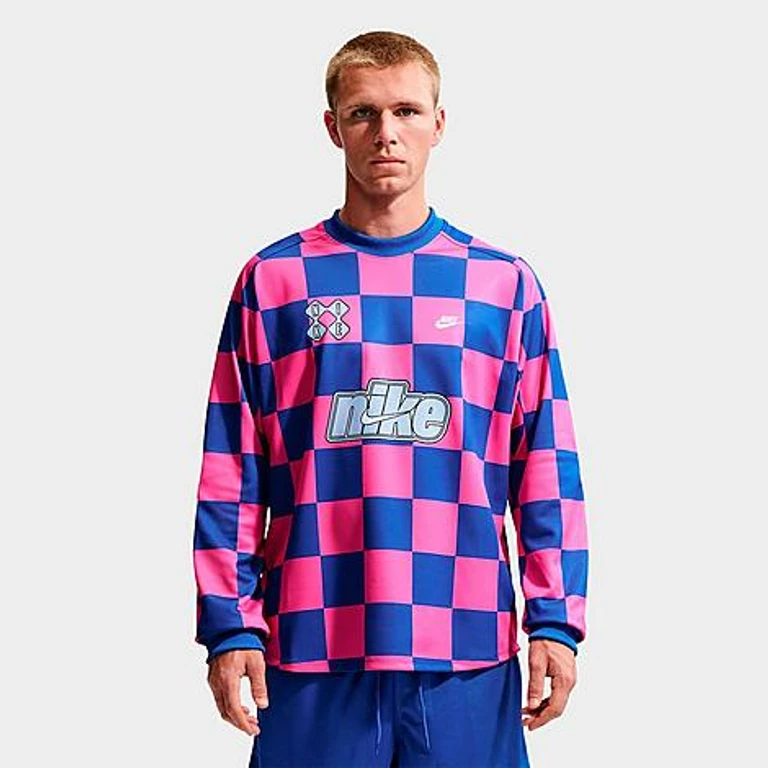 Nike Men's Sportswear Club Checkerboard Goalie Top in Game Royal/Pinksicle/Hydrogen Blue Size: XS