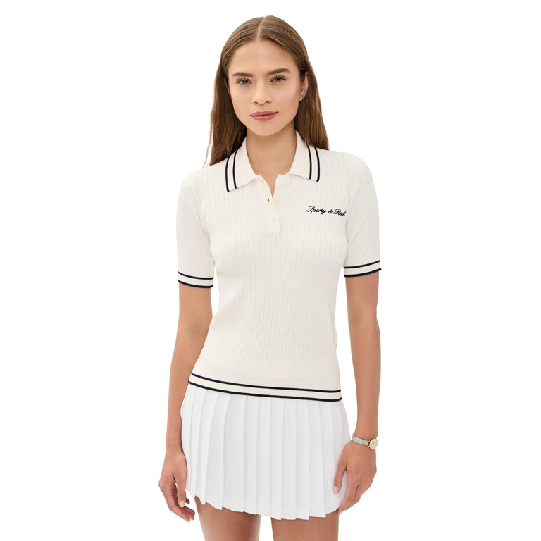 Sporty & Rich Signature Logo Mini Cable Polo Ecru/Dark Navy M