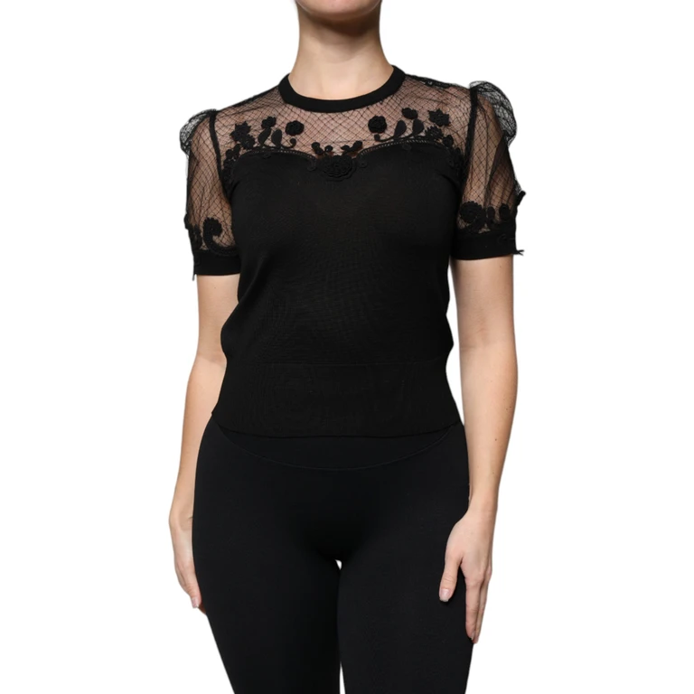 Dolce & Gabbana Black Floral Lace Short Sleeves Blouse Top Silk Nylon Cotton - Women