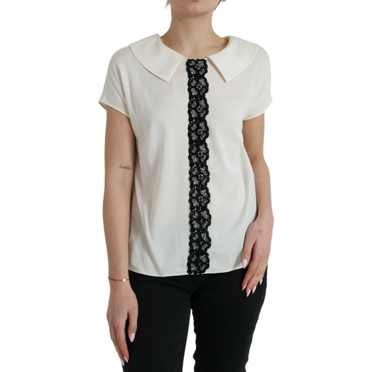 Dolce & Gabbana Off White Silk Lace Trim Short Sleeves Top Cotton Elastane - Women