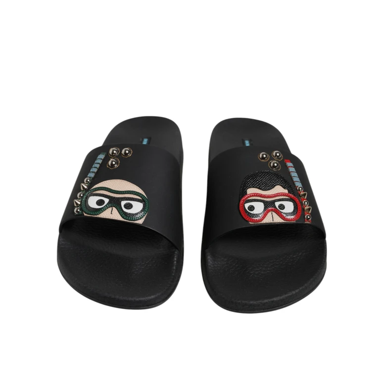 Black Divers Leather Flats Slides Sandals Beachwear Shoes Calf Pu Polyester - Men