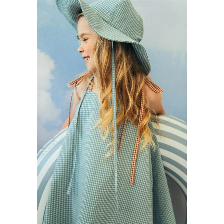 Kids Organic Cotton Sun Hat Mint Checkered - 4-8 YEARS