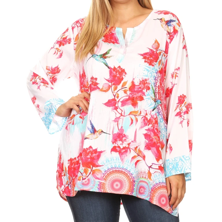 Sakkas Linea Women's Casual Floral Print Long Sleeve Swing Boho Pullover Tunic Top