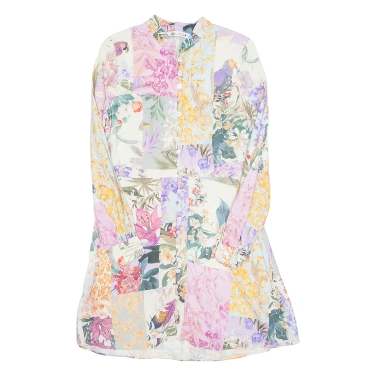 ZARA Button Up Womens Day Dress Pink Floral Long Sleeve Knee Length S