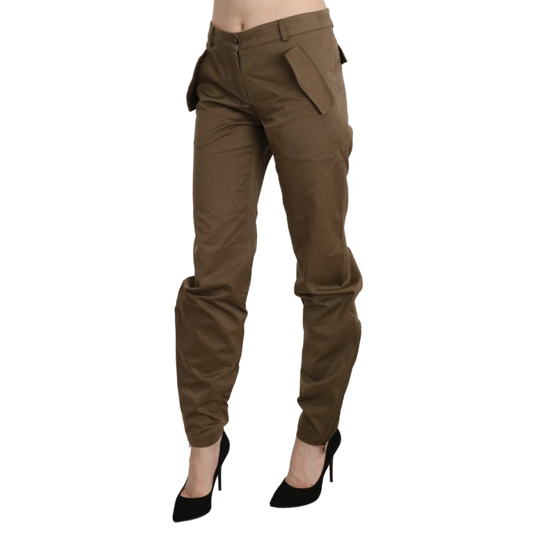 Brown Mid Waist Straight Cotton Pants - Women