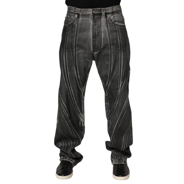 Dolce & Gabbana Black Grey Graphic Print Denim Pants Jeans And Gray Cotton Elastane - Men