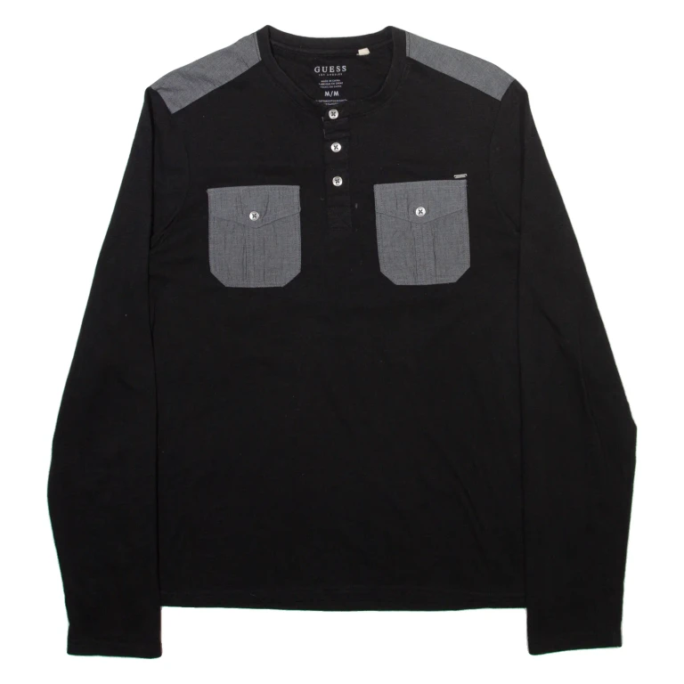 GUESS Mens T-Shirt Black Long Sleeve Button Neck M