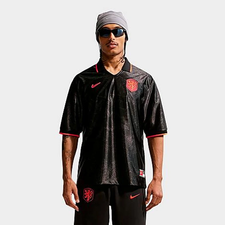 Nike Men's Netherlands Energy Dri-FIT Soccer Top in Black/Hyper Crimson/Hyper Crimson Size: Small