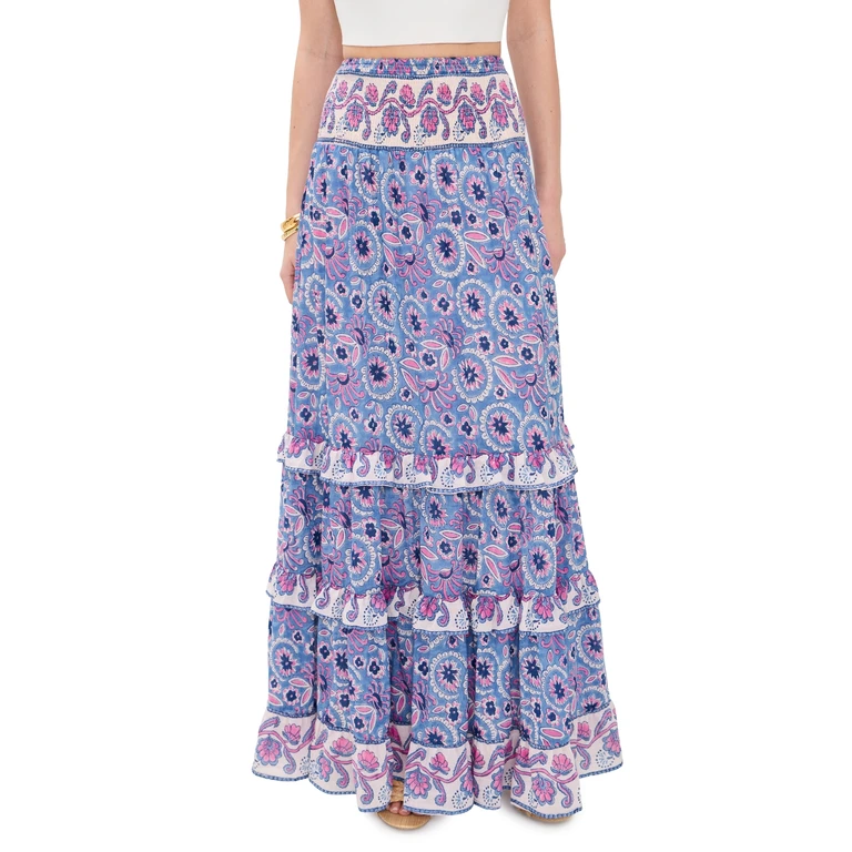 Paris Maxi Skirt Blue with Pink Flower XL