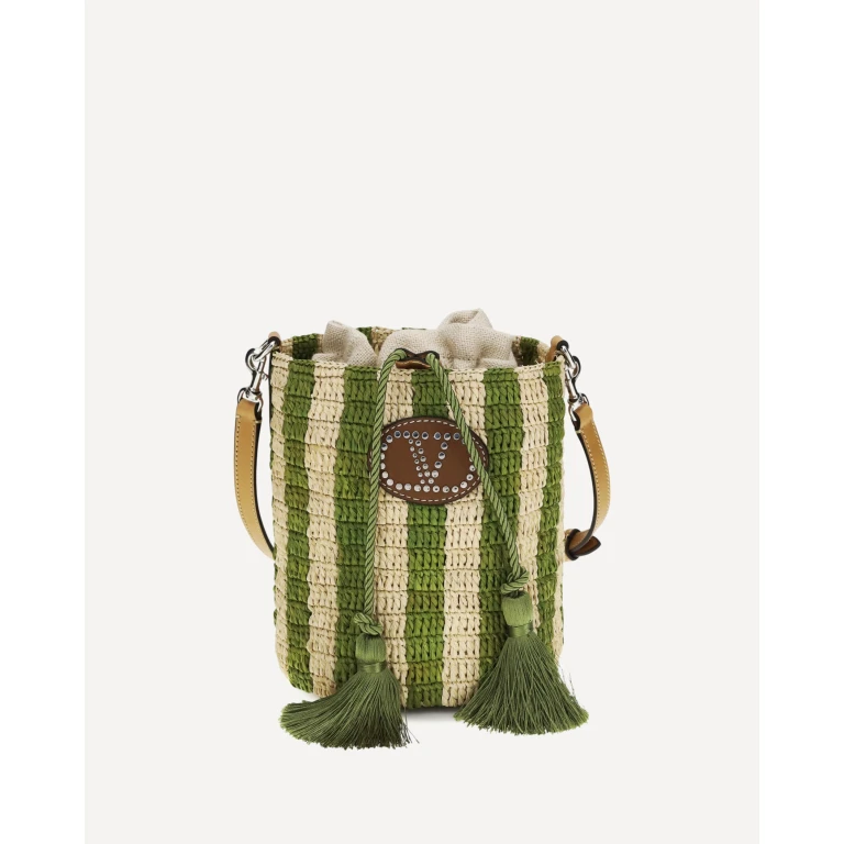 VALENTINO GARAVANI Gestreifte Raffia Bucket Bag