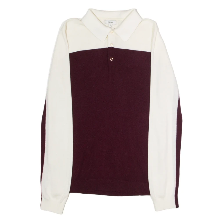 REISS Mens Patterned Jumper Maroon Colourblock Collared Tight Knit Wool S