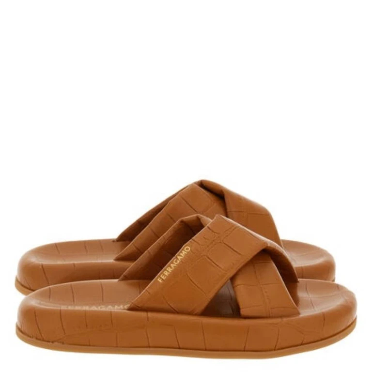 Dasie Croc-Embossed Cross-Strap Slide Sandals, Size 7