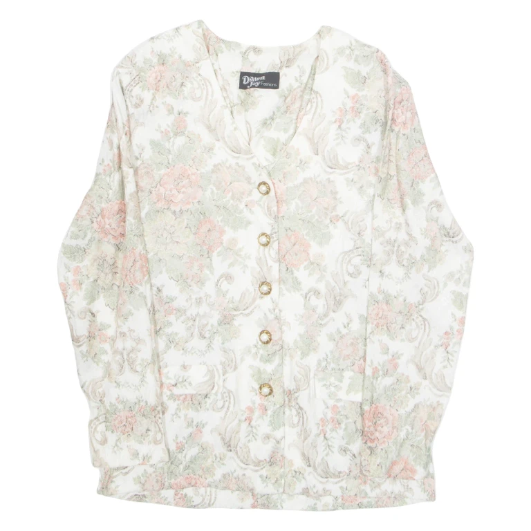 DAWN JOY Womens Printed Shirt White Collared Long Sleeve Floral M