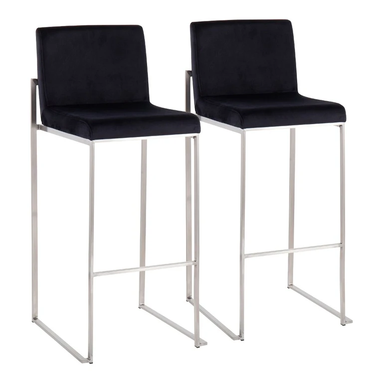 Fuji High Back Stainless & Black Velvet Barstools, Set of 2