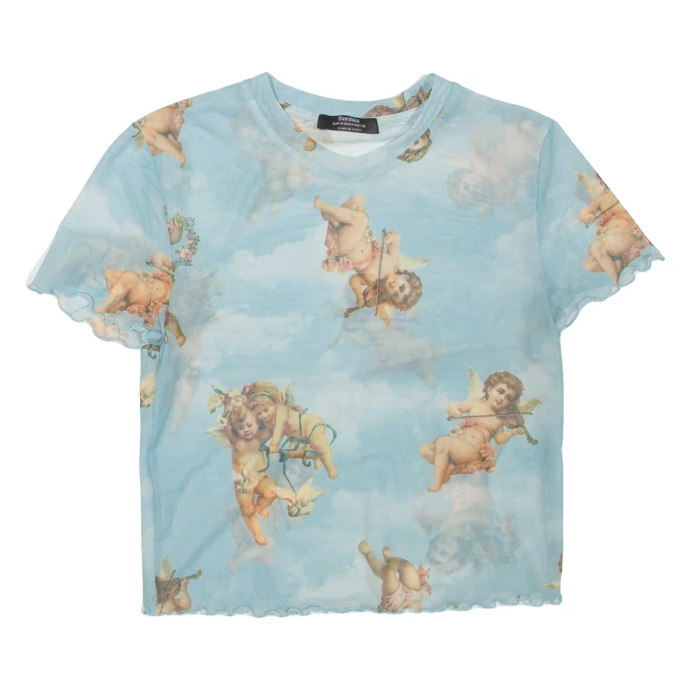 BERSHKA Sheer Womens Printed Top Blue M