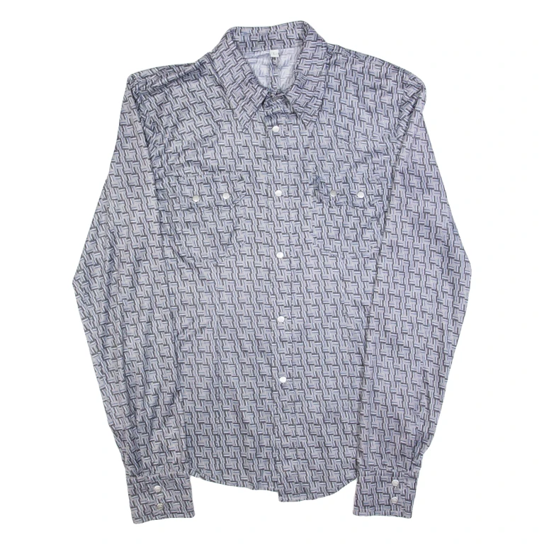 Stretch Mens Shirt Grey Geometric Long Sleeve L
