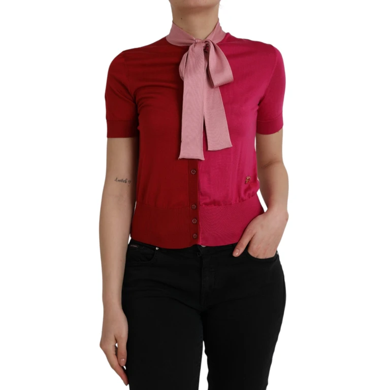 Pink Short Sleeves Pullover Ascot Collar Top Silk - Women