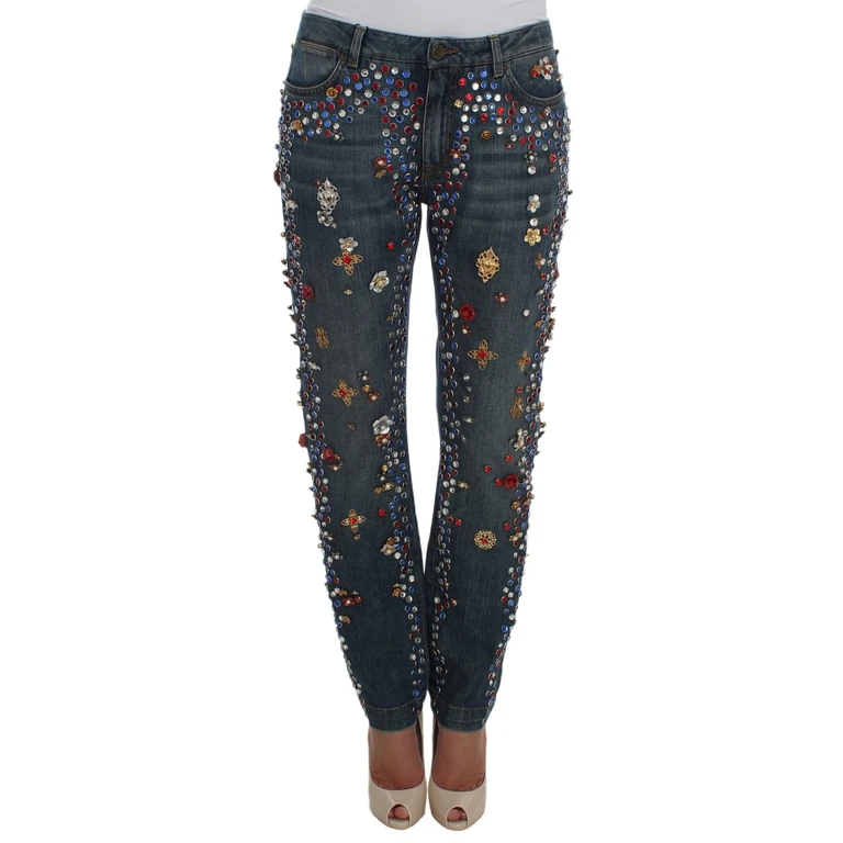 Dolce & Gabbana Crystal Roses Heart Embellished Jeans Blue Cotton Clothing - Women