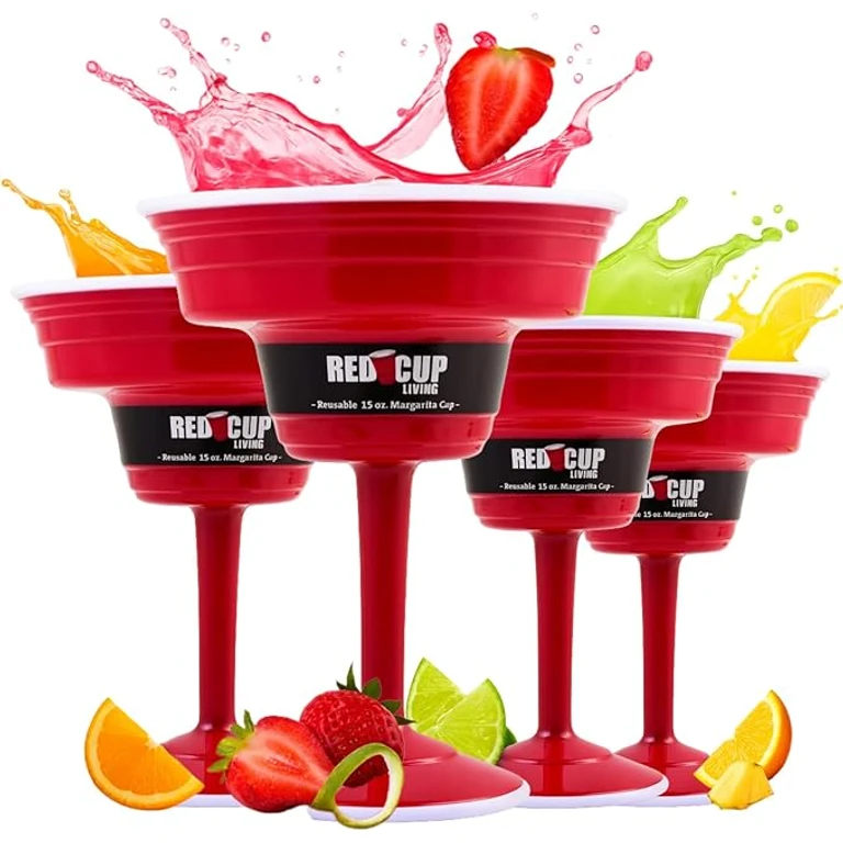 Reusable Red Plastic Margarita Glasses with Stem, 15oz, Drinking Glasses for Parties, Durable Champagne Flutes, Sturdy Stem Glass for Wine, Martini, Elegantes Copas De Vino, Pack of 4