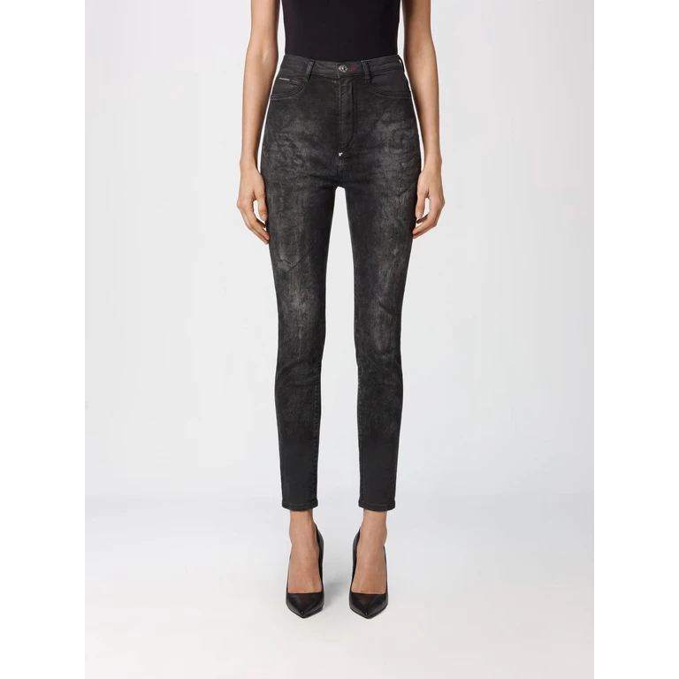 High-Waisted Cropped Skinny Stretch Jeans with Used Effect (FAACWDT1687PDE004N02GL)