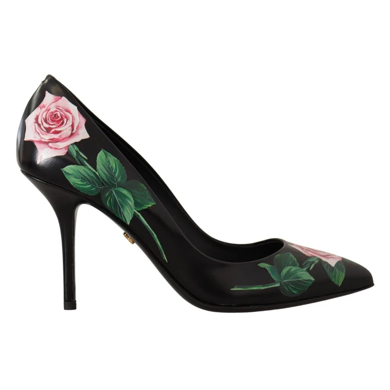 Dolce & Gabbana Black Leather Roses High Heels Pumps Shoes - Women