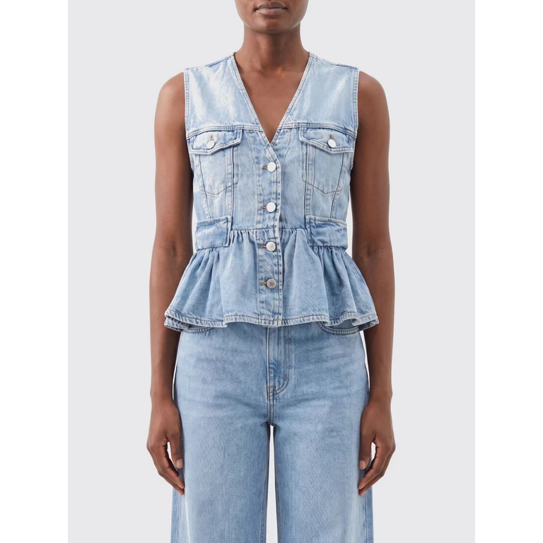 Slim Fit V-Neck Denim Top with Flounces (A1040321565)