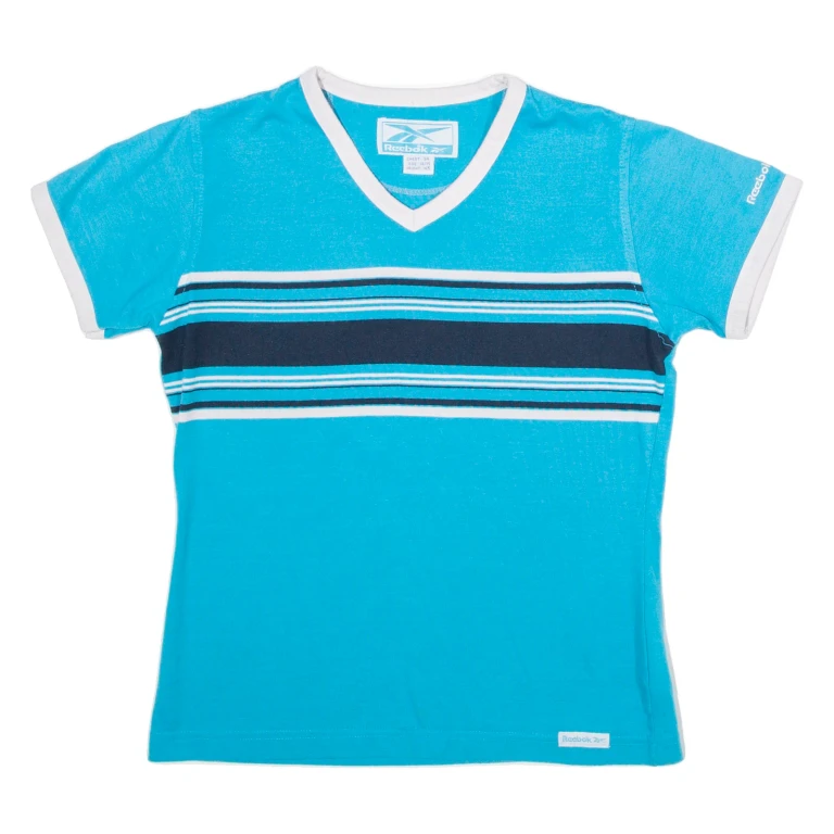 REEBOK Striped Boys T-Shirt Blue 90s V-Neck 13-14Y