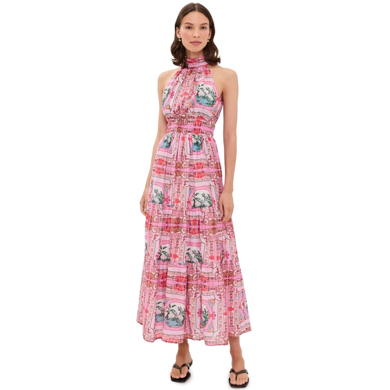 Bell Bella Halter Dress Pink Bird Print S