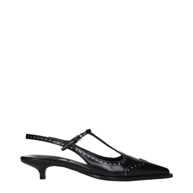 Black Leather Mid Heel Pumps - Women
