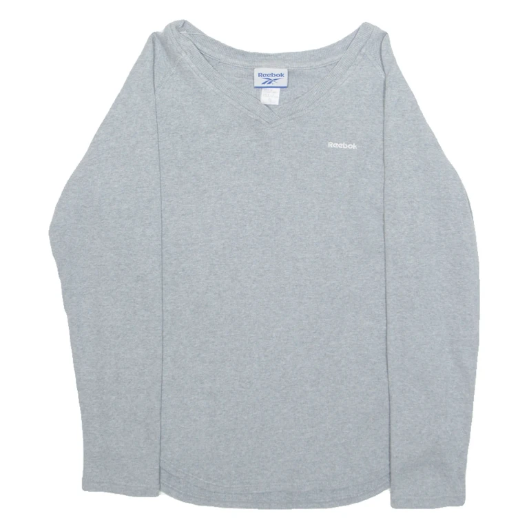 REEBOK Womens T-Shirt Grey Long Sleeve V-Neck S