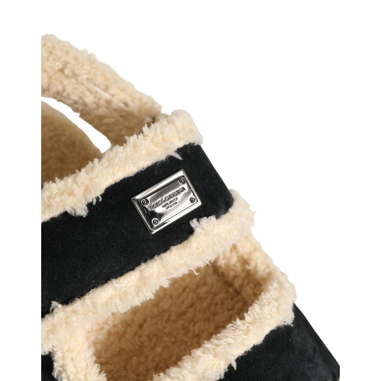 Dolce & Gabbana Beige Black Faux Fur Flats Men Sandals Shoes - Men