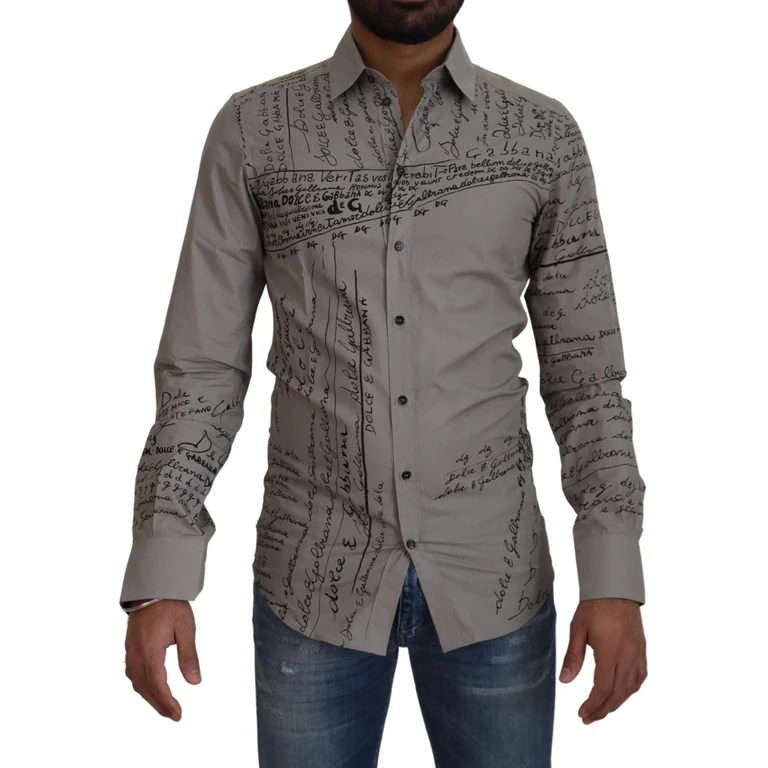 Dolce & Gabbana Gray Printed Cotton Slim Dress Gold Shirt - Men