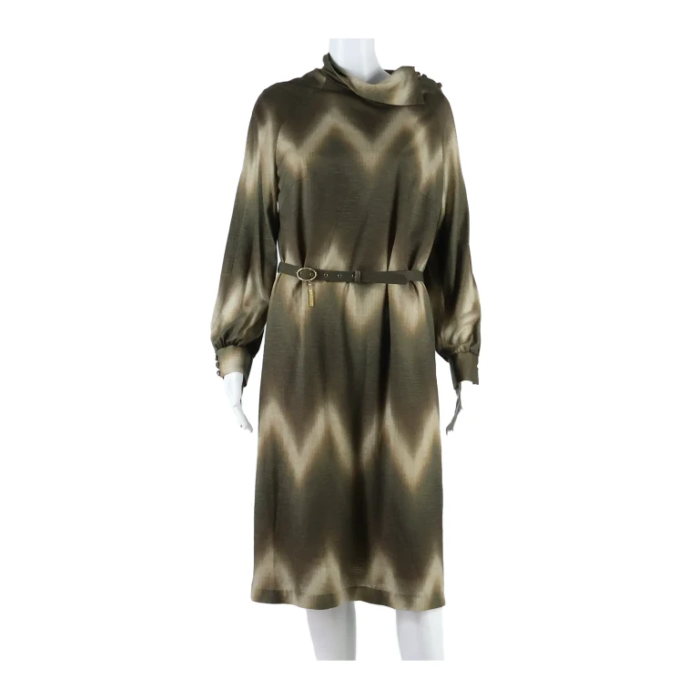 Lined Belted Womens Day Dress Brown Geometric Long Sleeve Long L