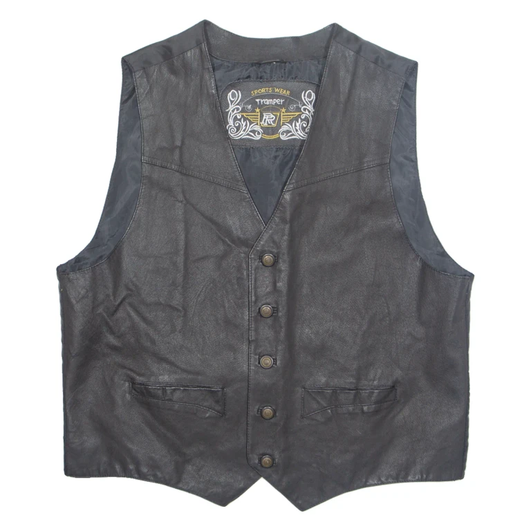 SPORTSWEAR TRAMPER Mens Biker Waistcoat Black Leather 90s XL