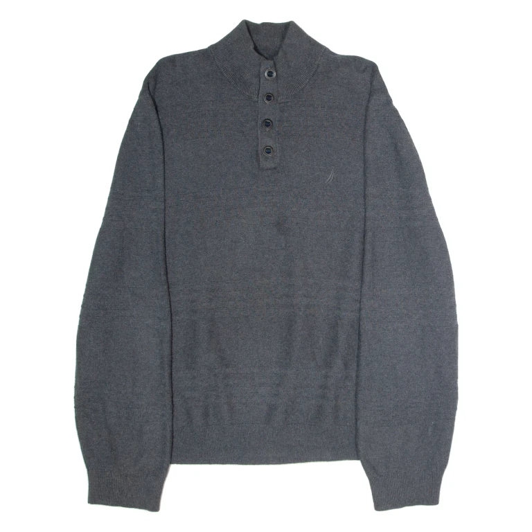NAUTICA Mens Jumper Grey Button Neck Tight Knit XL