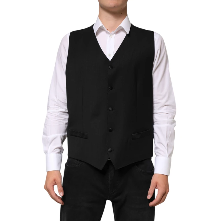 Dolce & Gabbana Black Wool Dress Formal Men Waistcoat Vest Silk Elastane - Men