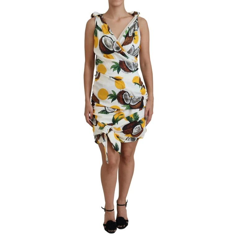 White Coconut Print Sheath Mini Silk Dress Elastane - Women