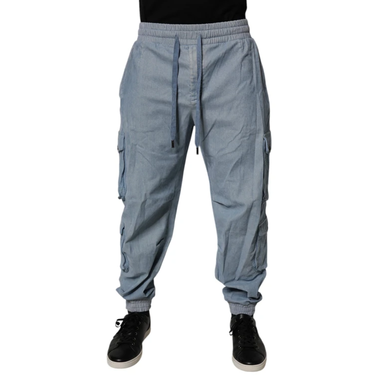 Light Blue Cotton Jogger Cargo Men Denim Pants Elastomer Elastane - Men