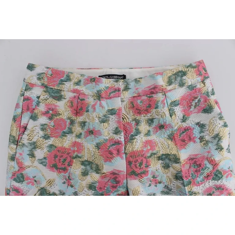 White Pink Floral Brocade Pants Polyamide - Women