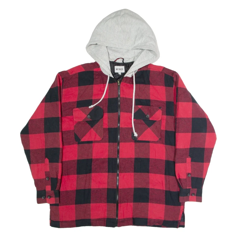 WORKER Quilted Lined Mens Lumberjack Jacket Red Hooded Check L
