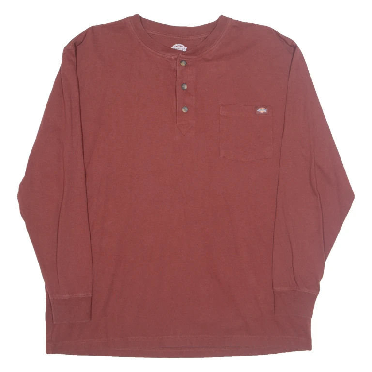 DICKIES Mens T-Shirt Maroon Long Sleeve Button Neck XL