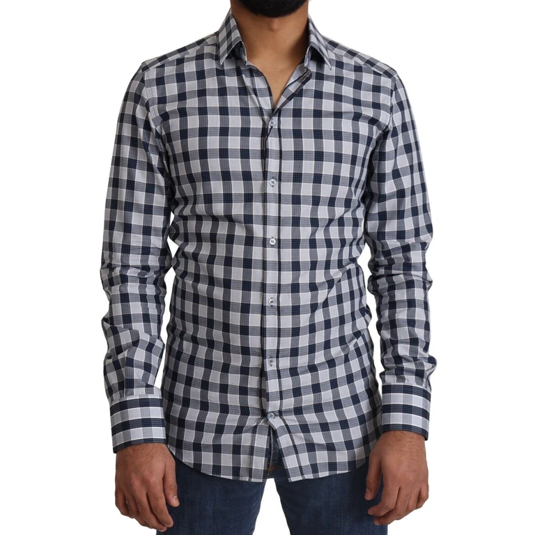 Blue White Check Cotton Slim Fit Gold Shirt And - Men