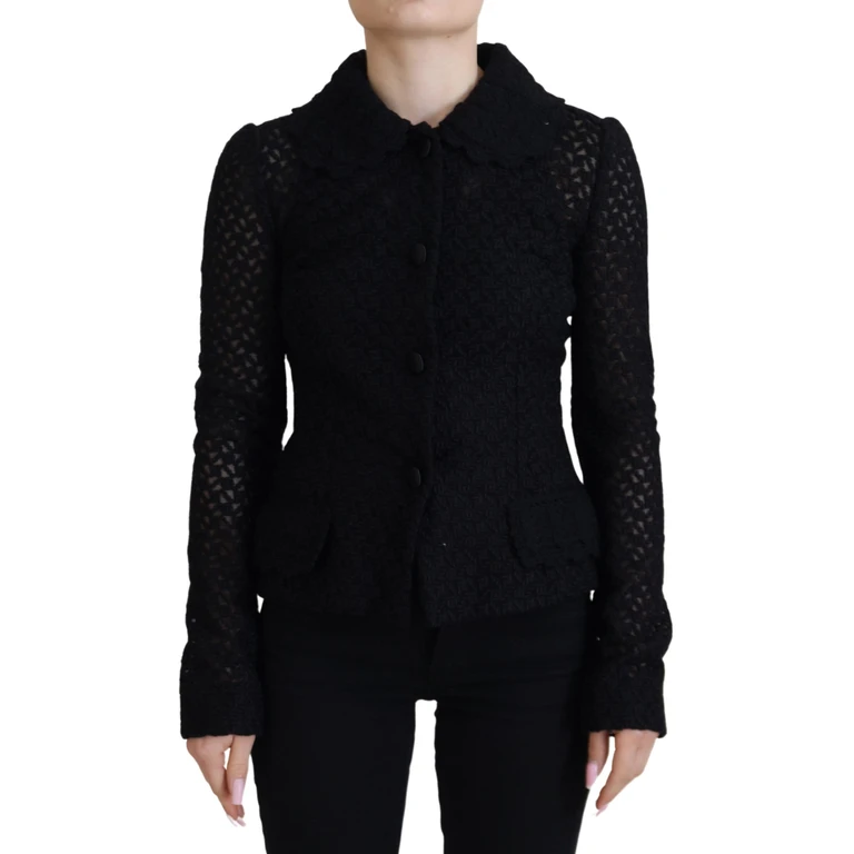 Black Wool Knitted Button Down Collar Jacket Virgin Clothing - Women